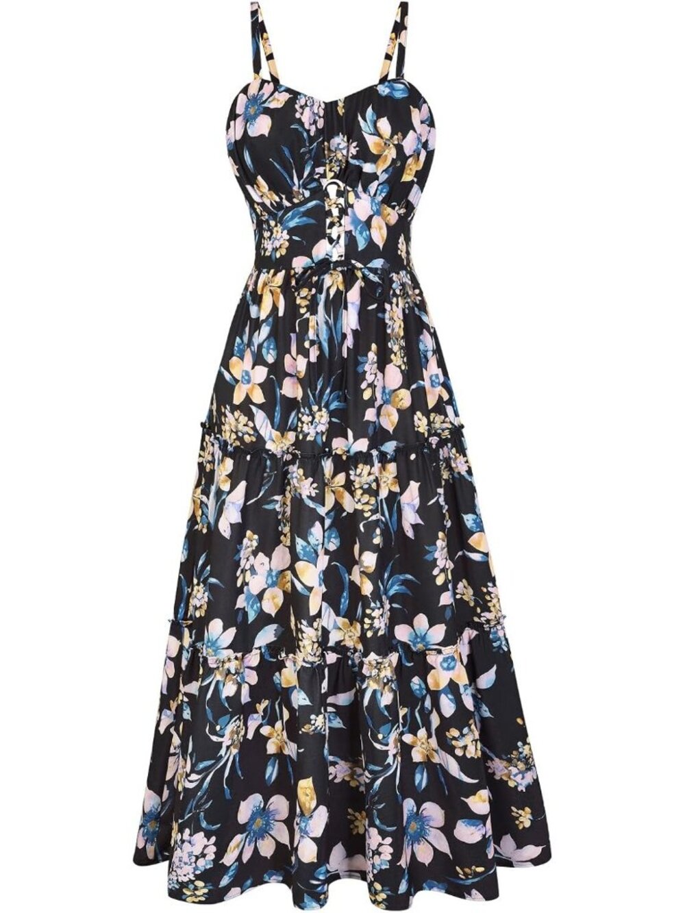 Women's Black Yellow Boho Floral Maxi Sundress Summer Beach Flowy Dress